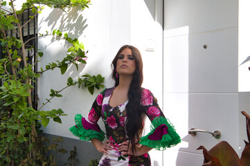 Brunette woman dancing flamenco is in a typical street of andalusia with flower pots. The woman is...