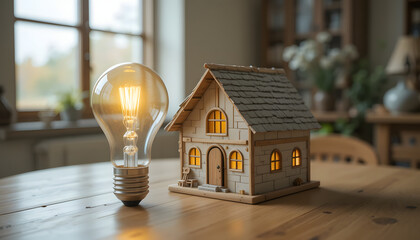 light bulb and wooden house on wooden table 4k pc wallpaper