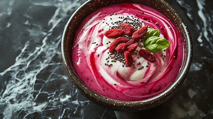 A vibrant smoothie bowl with swirls of pink and white, topped with red berries, chia seeds, and fresh basil.