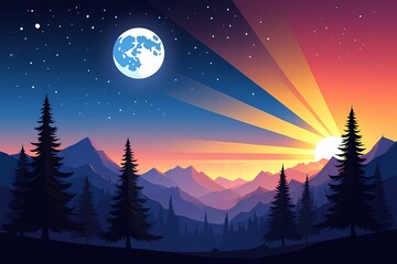 Pixel Art Celestial Convergence  Sunrise and Moonrise over Mountain Range