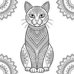 A black and white mandala cat design illustration line art of a coloring page 