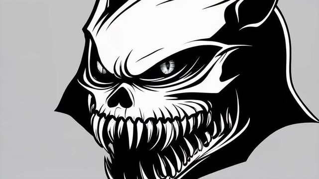 Intricate Black and White Skull Design with Sharp Fangs and Horned Silhouette