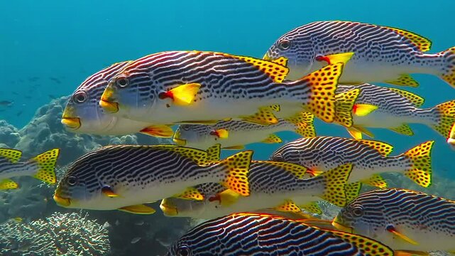 School of yellow cute fish swimming in the sea. Coral fish and the tropical ocean. Scuba diving and sweetlips on the reef. Tropical marine life, scuba diving video