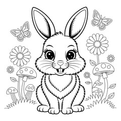 A black and white rabbit illustration line art of a coloring page 
