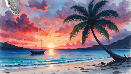 a painting of a beach 4k pc wallpaper