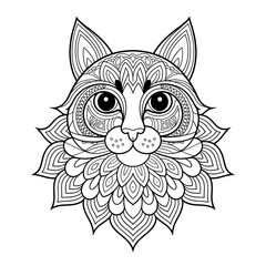 A  mandala cat head design illustration line art of a coloring page 