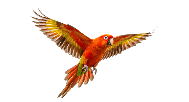 A parakeet bird aratinga solstitialis flying, isolated on transparent background, cut out png