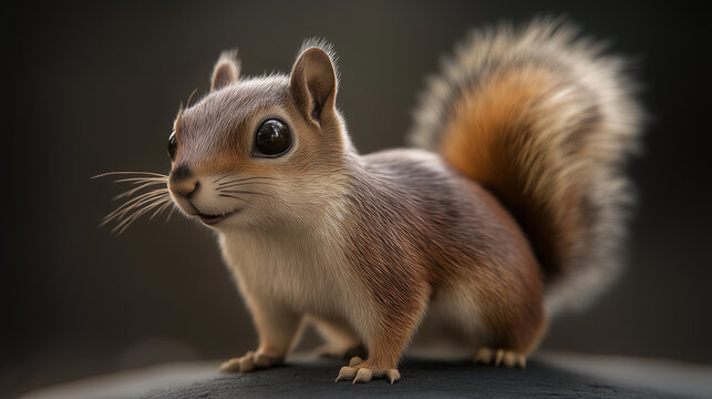 A fluffy-tailed squirrel standing alert with tiny paws and bright eyes, isolated on a brown background.
