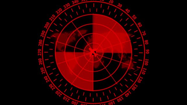 Radar screen animation on black background. Signal transmitted sonar radar. Hud icon. An air traffic control tower equipped with radar. Radar animation red color on black background. 