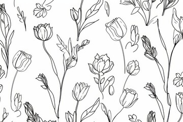 Seamless pattern of one-line minimalist flower drawings including tulips and roses, elegant thick black line art on white background for adult coloring pages.