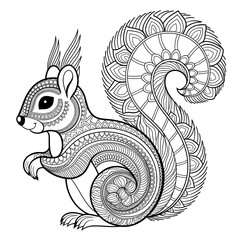 A black and white mandala squirrel design illustration line art of a coloring page 
