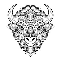 A line art mandala bison head design of a coloring page 