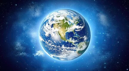 Naklejka premium Earth in the cosmos. A stunning depiction of our planet, a vibrant blue and green sphere, set against a backdrop of a star-studded universe