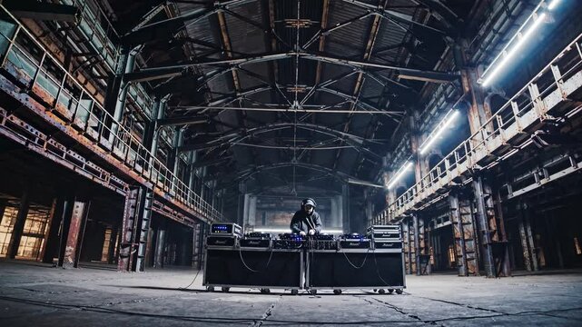 Wide-angle shot of a DJ in an industrial warehouse, creating an edgy, urban video vibe with dramatic lighting and expansive space.