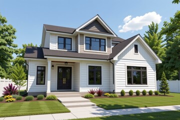 Renovation of a modern home concept. Modern house with a stylish design and landscaped garden under a clear blue sky.