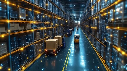 Automated Warehouse Features Forklifts Moving Goods Through Aisles