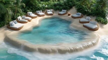 A Tropical Beach Scene Featuring Luxurious Lounge Chairs and Water