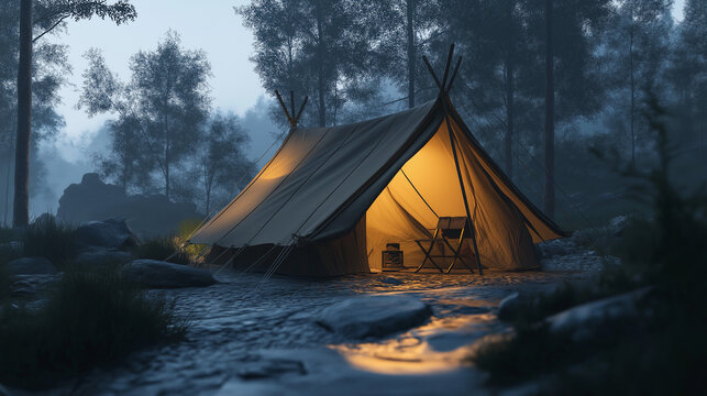 A portable, dome-shaped camping tent set up on a clean forest background.
