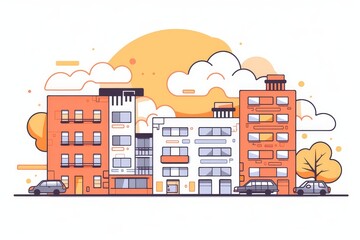 Obraz premium Minimalistic line art illustration of three apartment buildings with cars, clouds, and sun in cityscape, simple black lines on white background.