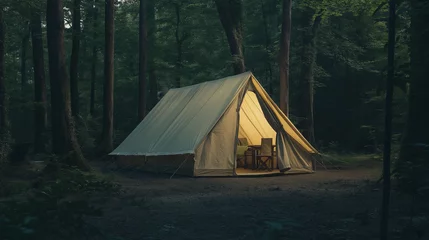 Fotobehang A portable, dome-shaped camping tent set up on a clean forest background.  © Ashgan