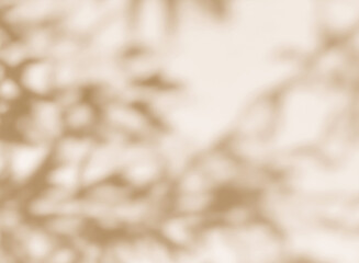 Obraz premium Brown shadow of leaves tree plant overlay on white wall. Sunlight effect shadow on the wall. Minimal blurred backdrop backgrounds. Summer Autumn tropical surface background.