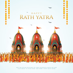 Fototapeta premium Indian festival Ratha Yatra of Lord Jagannath, Balabhadra and Subhadra on Chariot with people. new abstract vector illustration design. Rath Yatra Lord Jagannath festival Holiday background.