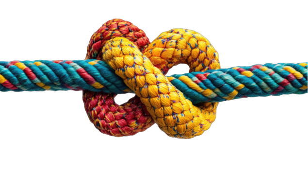 A vibrant, multicolored rope tied in a complex, figure-eight knot against a black background