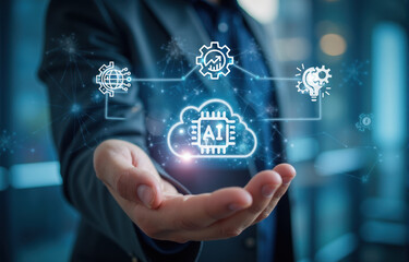 AI cloud computing concept in business technology hand shows artificial intelligence symbols gears graphs global communication internet innovation digital system futuristic