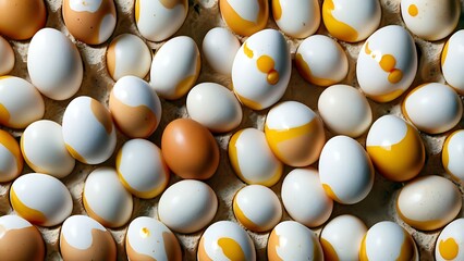 A carton of artistically decorated eggs showcases a vibrant collection of white and beige eggs with unique yellow accents,perfect for Easter,spring themes,or food photography projects.