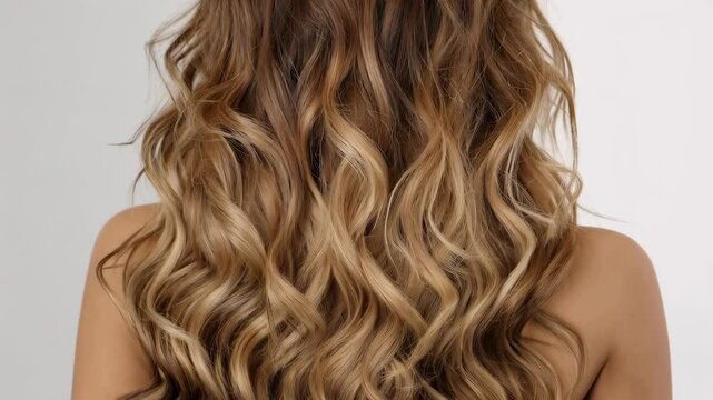 Elegant woman with long, wavy, ombre-colored hair from dark roots to golden blonde ends, seen from behind against a clean white background.