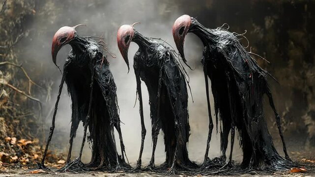 A group of three black crows standing in the middle of a forest
