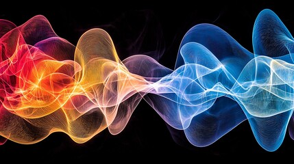 Fluid, colorful motion with smooth curves and gradients of red, blue, and yellow, creating an abstract, energetic visual that evokes a sense of fluidity and grace