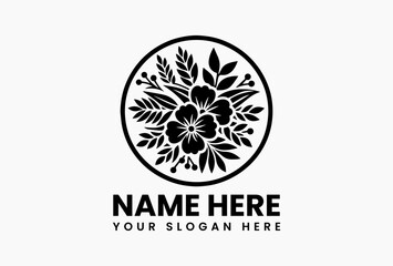 Symmetrical botanical wreath logo with flourishing flowers and foliage in crisp vector art. Garden elegance concept  