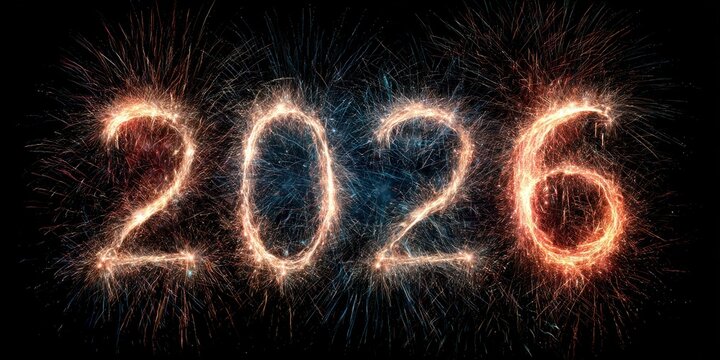 New Year's Eve Fireworks: '2026' Shape on Black Background, Vibrant Display, Festive Atmosphere