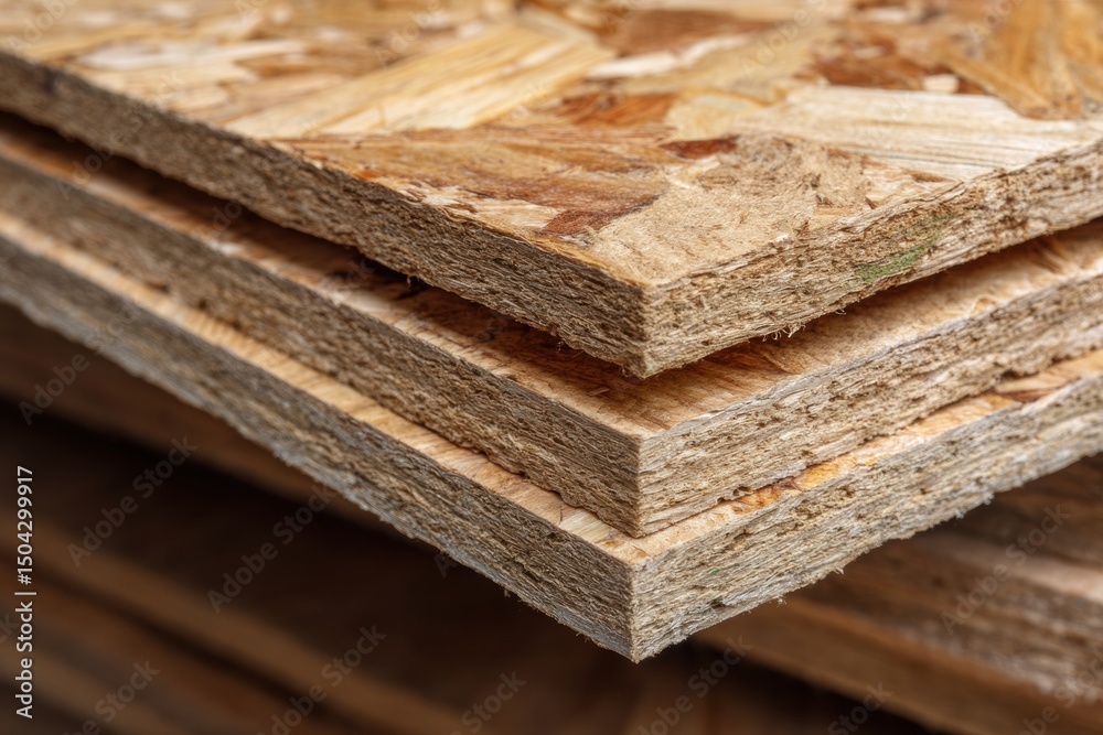 Aufkleber Stack of Oriented Strand Board Sheets With a Clean Upper Part Ready for Construction Use in a Workshop Setting