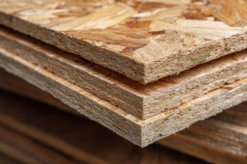 Stack of Oriented Strand Board Sheets With a Clean Upper Part Ready for Construction Use in a Workshop Setting