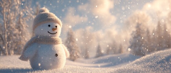 Obraz premium Happy Snowman in Winter Landscape - Sunlight and Bokeh Effect Background