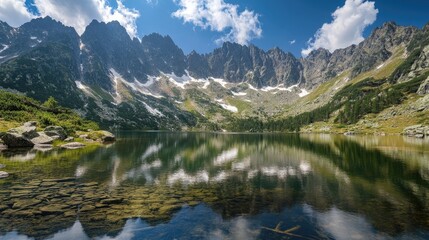 Serene mountain lake reflecting majestic peaks under blue sky