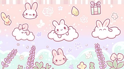 Fototapeta premium A pastel-colored Kawaii background featuring soft pink, lavender, and mint tones, with adorable animals like fluffy bunnies and kittens floating on dreamy clouds in a gentle, surreal scene