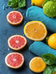 Sliced citrus fruits with refreshing green leaves on a table