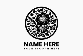 Minimalist monochrome flower wreath logo with detailed blossoms and leaves. Nature-inspired circular emblem  