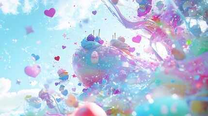 A dreamy kawaii pastel backdrop with scattered cute elements like hearts, stars, and cupcakes, set in a calming pastel palette of pinks, blues, and purples for a fun, youthful vibe