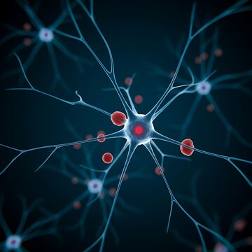 A dynamic graphic showing interconnected neurons with mitochondrial dysfunction affecting energy supply, representing the impact of Leigh syndrome on brain metabolism.