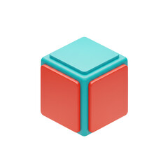 Fototapeta premium Vivid geometric rendering featuring a vibrant turquoise and coral cube presented against a crisp white backdrop, ideal for illustrating modern design concepts