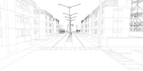 A street scene with a tall street light in the middle. The street is empty and the buildings are tall