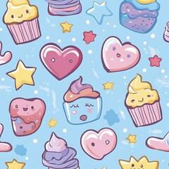 17. Kawaii Pastel Backdrop Filled with Cute Items such as Hearts, Cupcakes, and Stars
