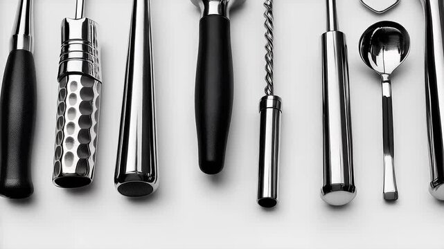 Professional Barware Tools Collection on White Seamless Background for Mixology