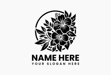 Obraz premium Minimalist monochrome flower wreath logo with detailed blossoms and leaves. Nature-inspired circular emblem 