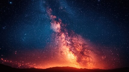 Vibrant Milky Way galaxy rising over a fiery horizon at night.