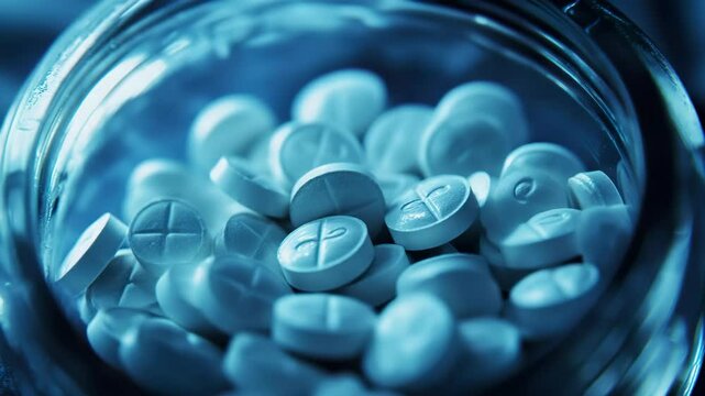 Pharmaceutical pills in glass jar cinematic video